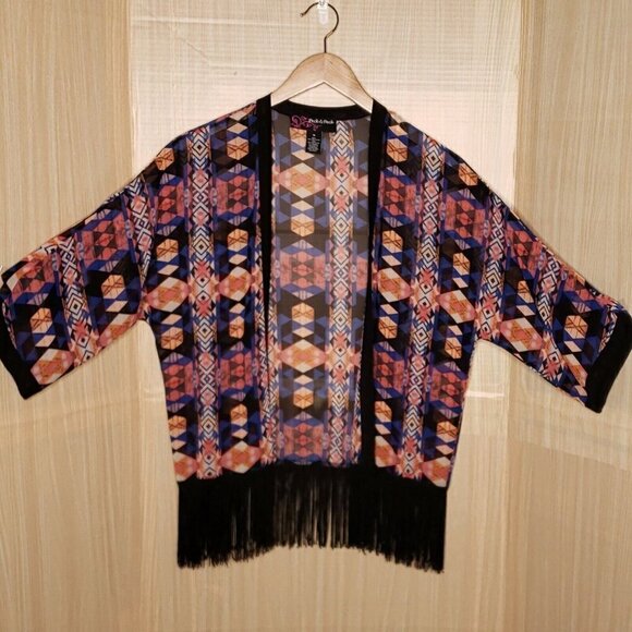 Peck & Peck Womens Fringe Aztec Silky Kimono Medium - Picture 1 of 6